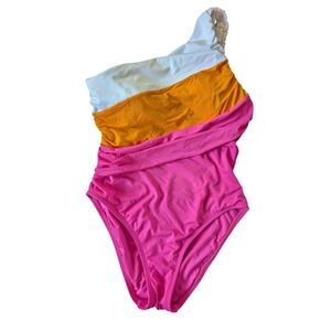 Sz 4 La Blanca Women One Shoulder Colorblock Ruched 1 Piece Swimsuit Pink Orange